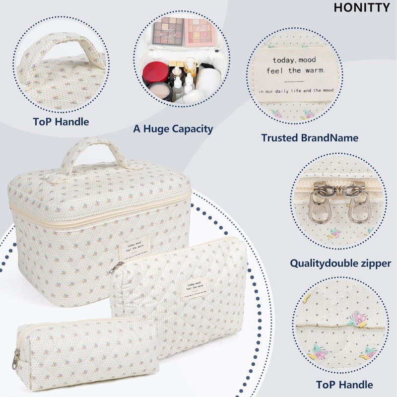 honitty Makeup Bag,Quilted Cosmetic Bags,Large Floral Make Up Organize bag,Makeup Bag Set for Women,Flower Travel Toiletry Bag - Image 3
